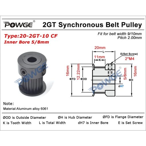 Powge GT2-20T Pulley 10mm