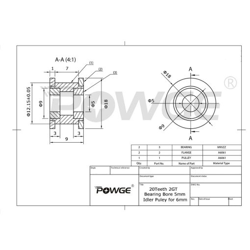 Powge GT2-20T Idler 6mm